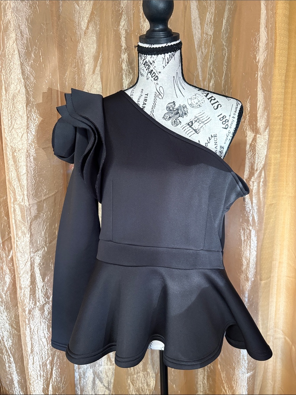 One-Shoulder Black Peplum top with Ruffle Sleeve